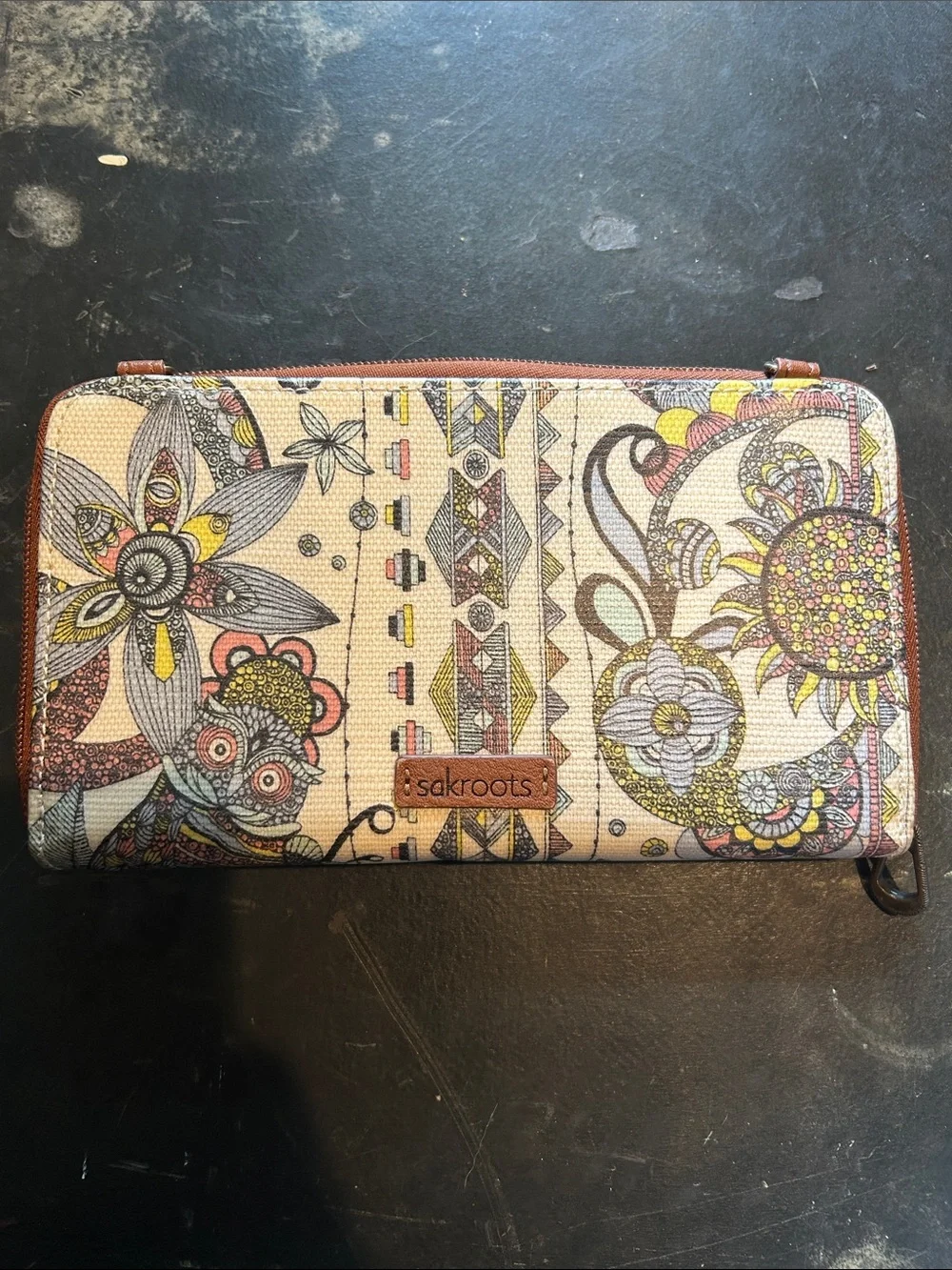 Sakroots Cream Floral Zip-Around Wallet with Brown Trim